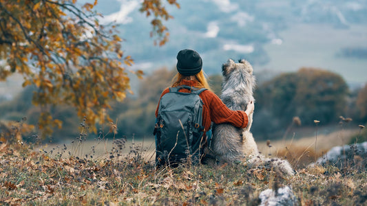 Women hugging her dog in the woods on National Hug Your Hound Day