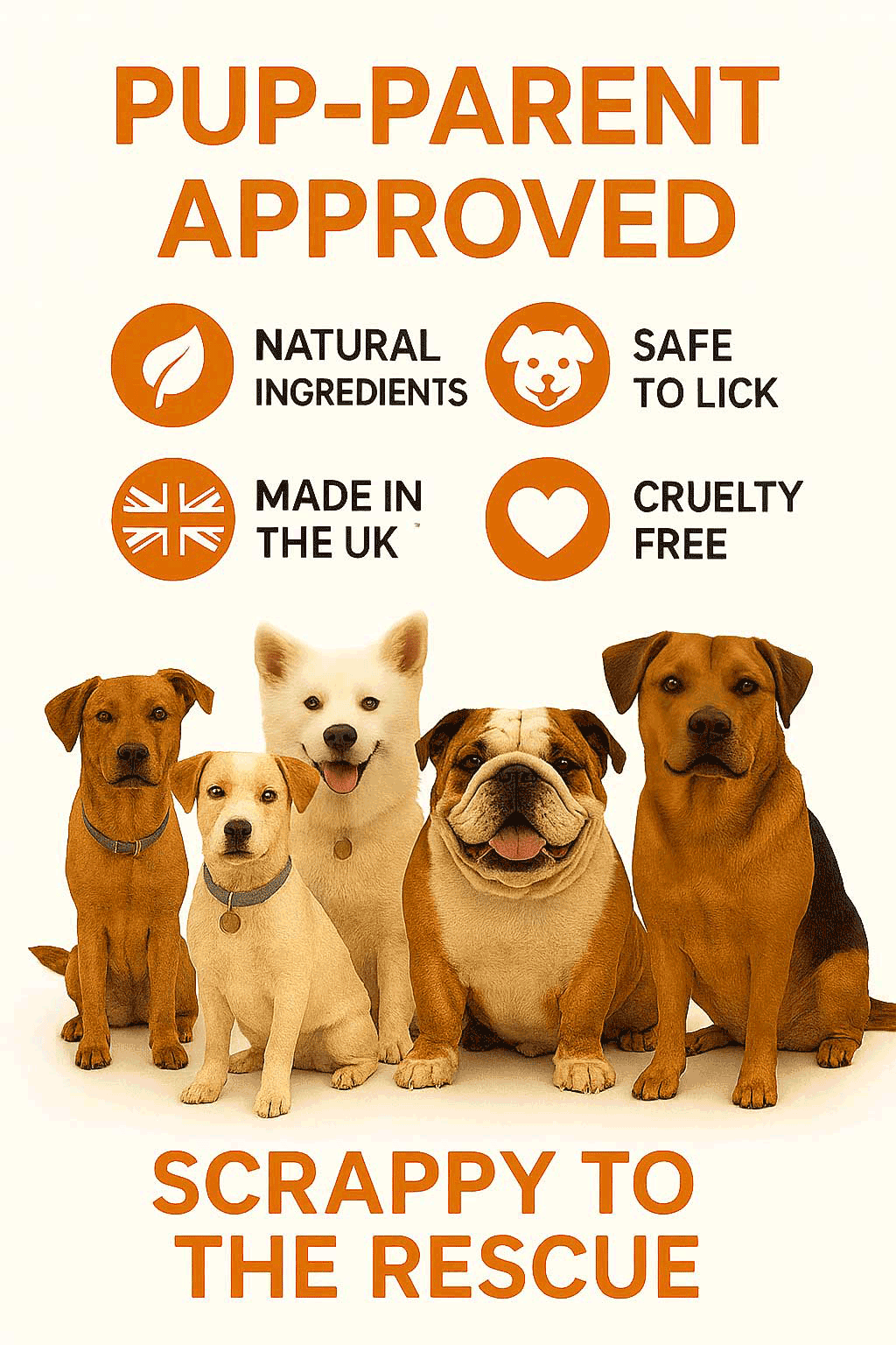 Group of dogs with 'Pup-Parent Approved' text and icons on a white background