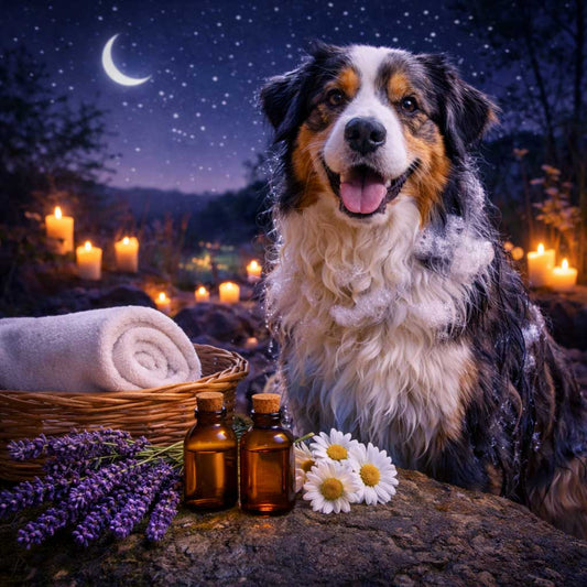 Dog sitting outdoors at night with candles, lavender, and flowers