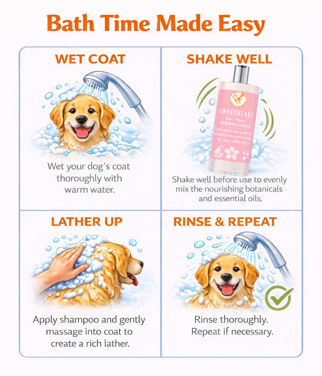 Instructions for using Scrappy to the Rescue Sweetheart dog shampoo