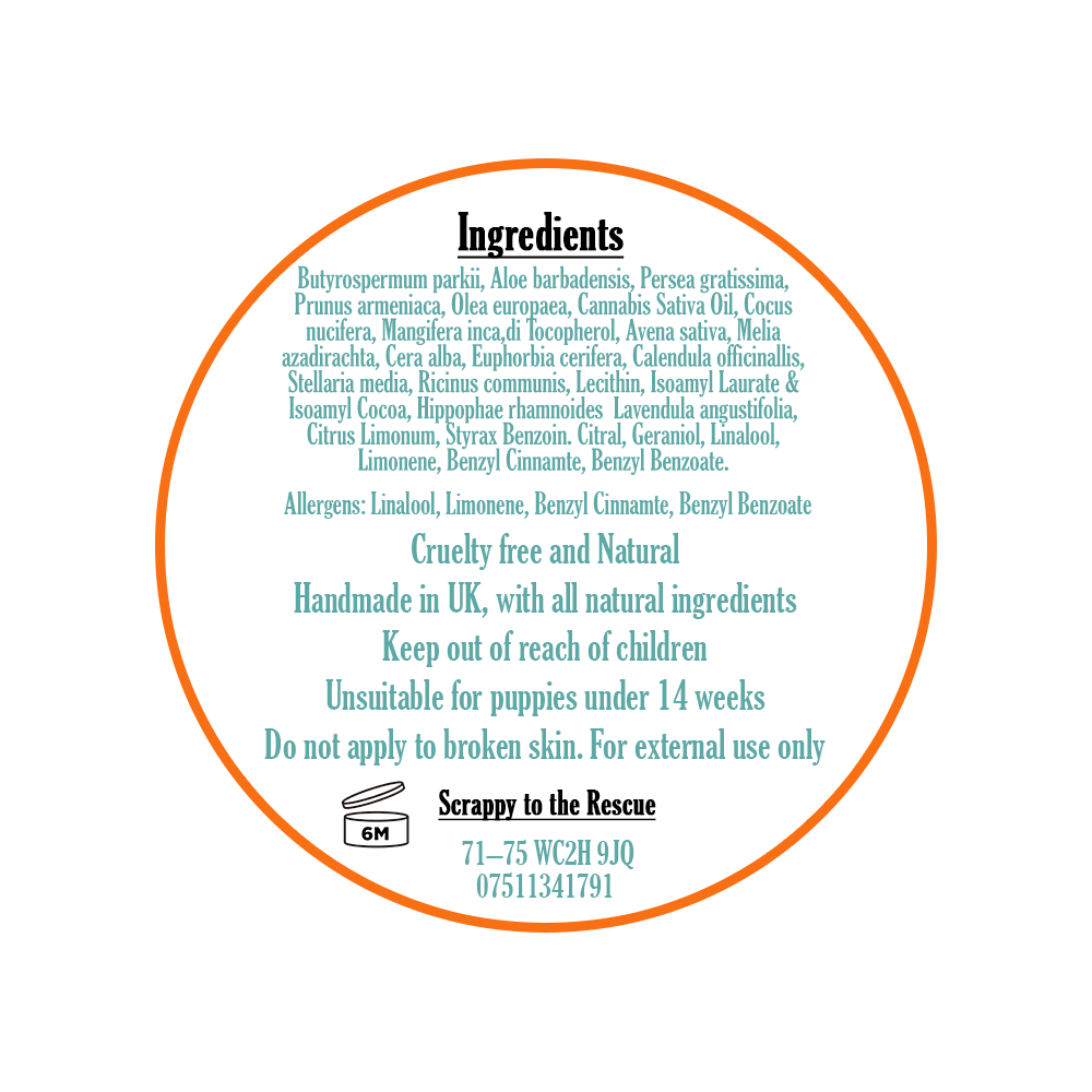 Circular label with ingredients list and branding on a white background