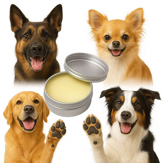 Four dogs with a tin of Scrappy to the Rescue balm