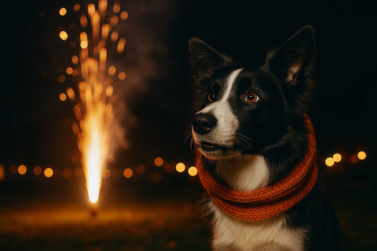 Dog wearing scarf on Bonfire Night fireworks background