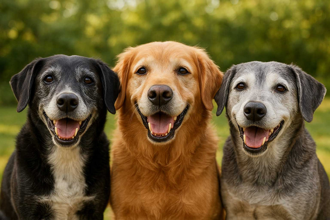 Three happy senior dogs smiling together outdoors