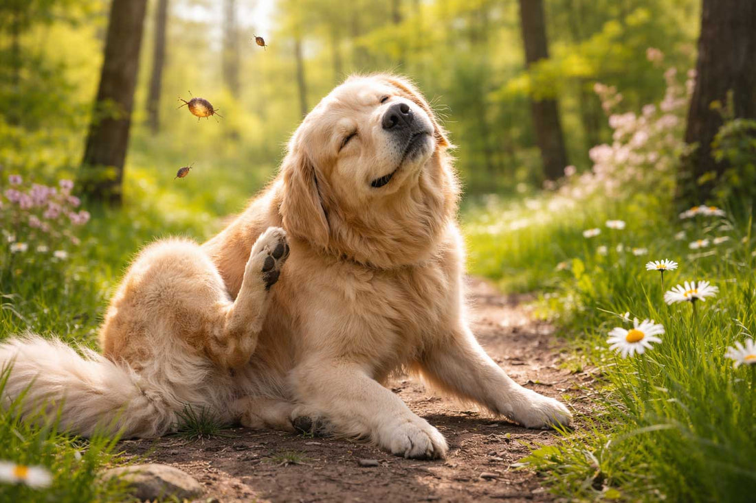 Golden retriever scratching in woodland during spring flea and tick season
