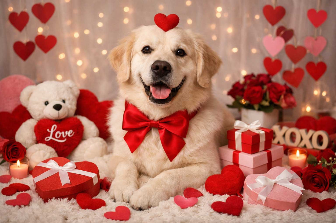 Lab dog surrounded by Valentine's Day hearts