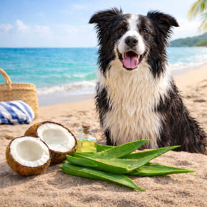 Wet border collie dog on a tropical beach