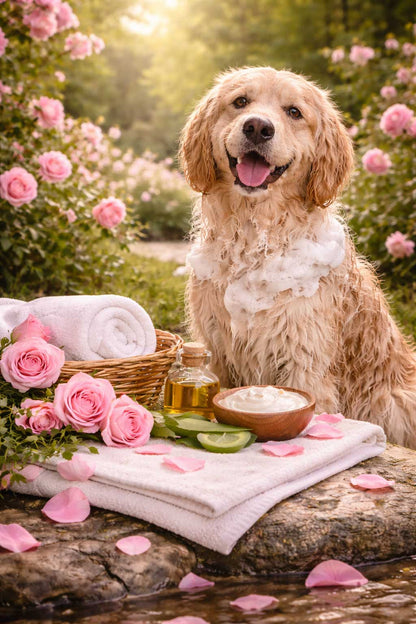 Dog with a towel and rose petals in a garden setting