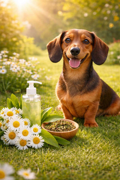 Sausage dog sat on the grass