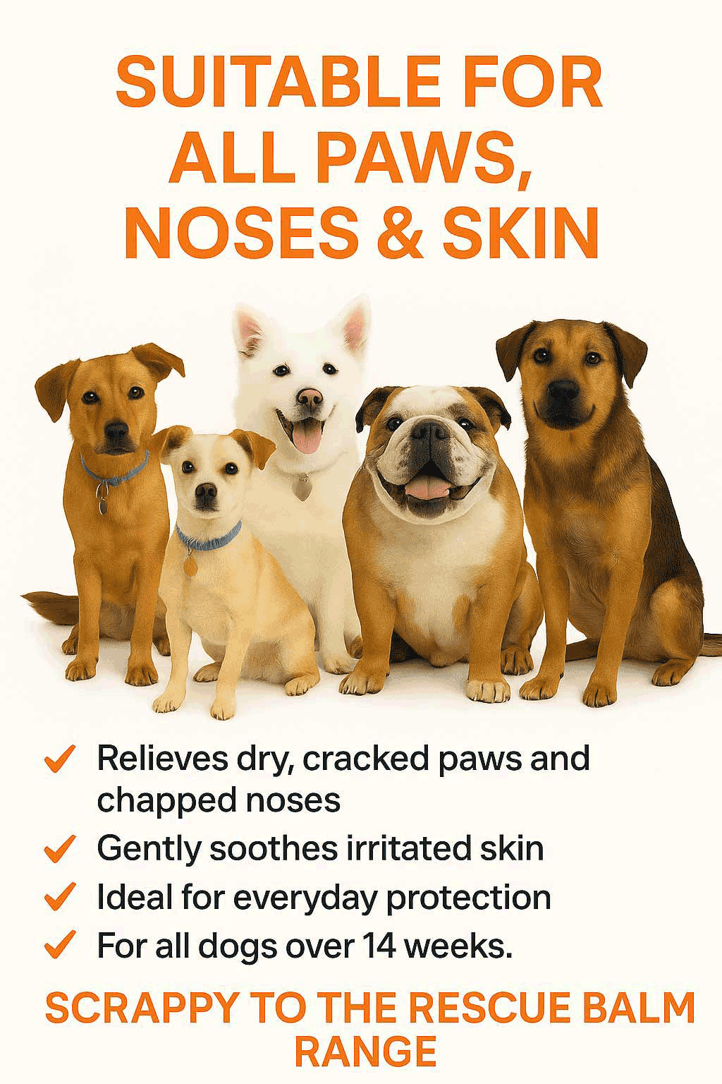 Group of dogs with text about a balm suitable for all paws, noses, and skin.