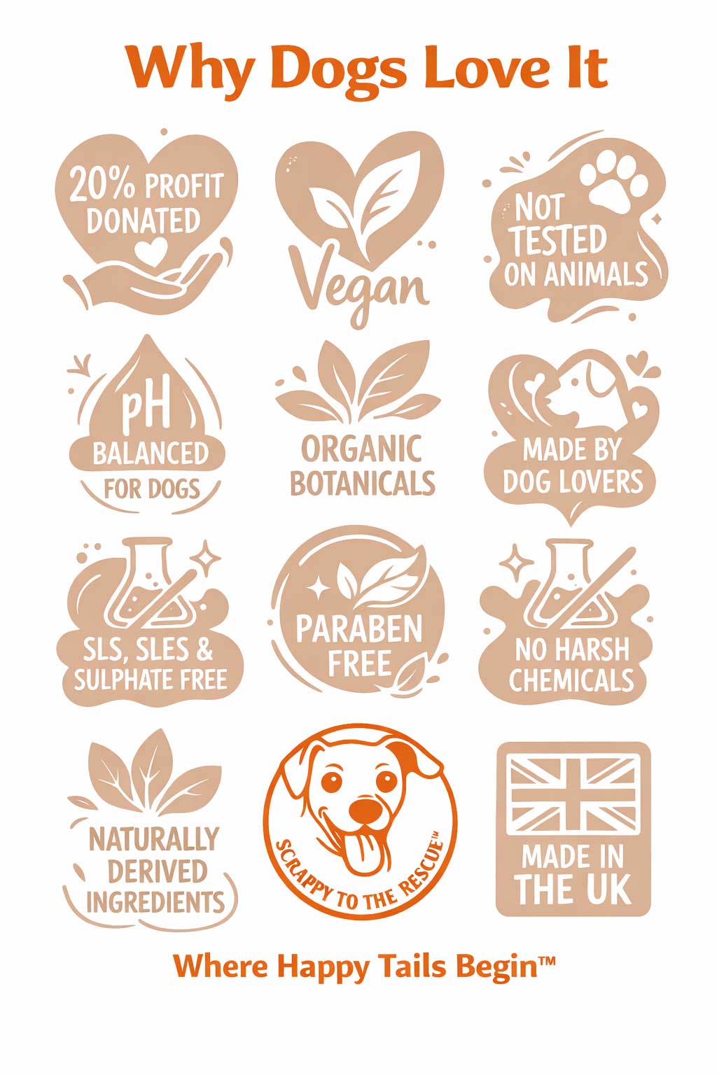 Beach Buddy dog shampoo benefits infographic showing vegan formula, organic botanicals, pH balanced for dogs, paraben free, sulphate free, essential oils and cruelty free ingredients.