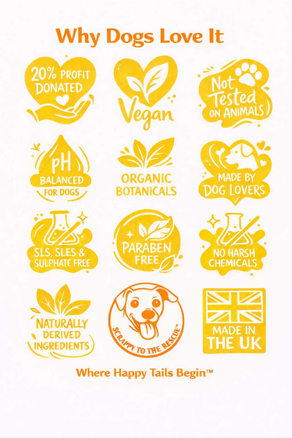 Brighten & Shine dog shampoo benefits infographic showing vegan formula, organic botanicals, pH balanced for dogs, paraben free, sulphate free, essential oils and cruelty free ingredients.