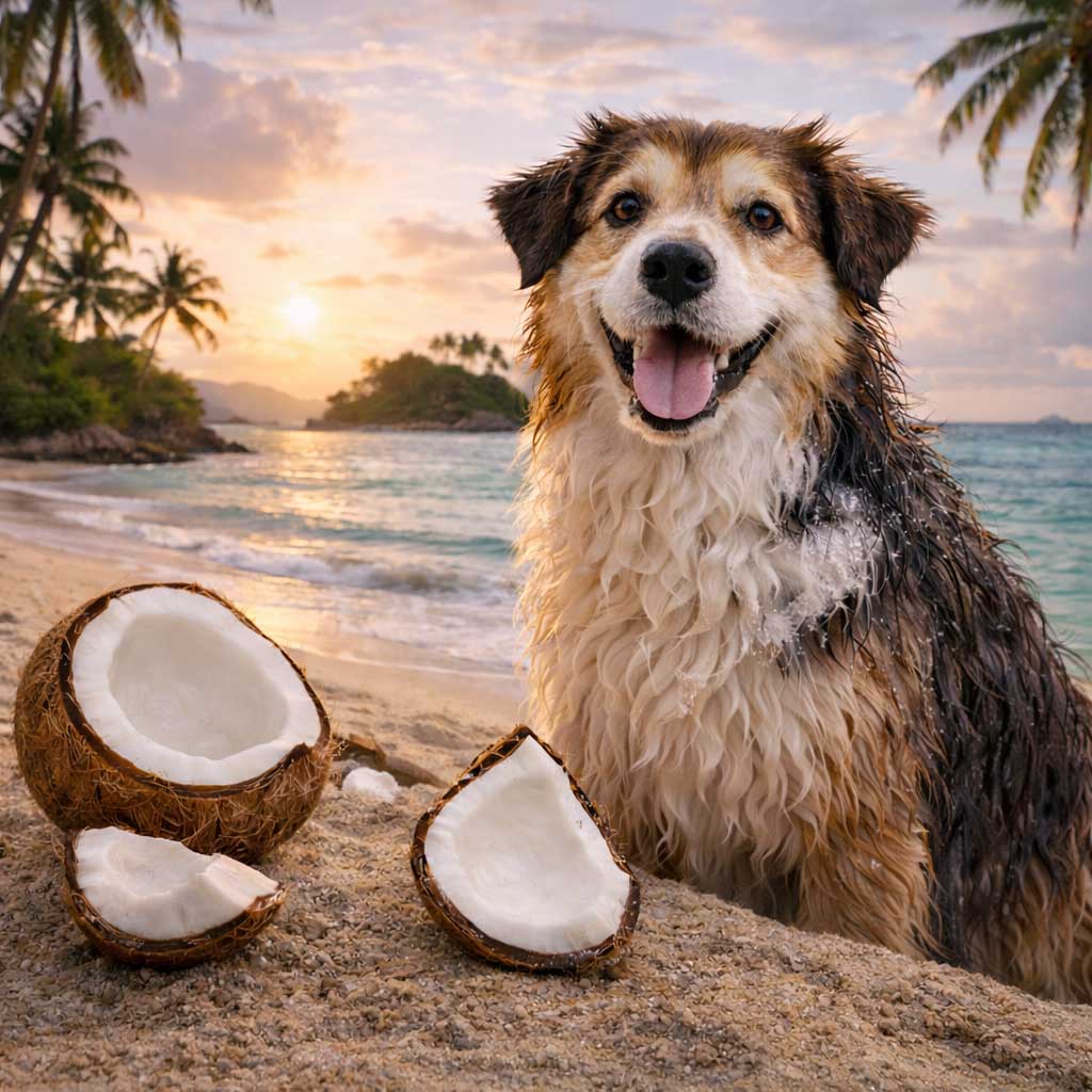 Big, fluffy dog on an tropical beach
