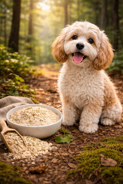 Dog sitting next to a bowl of food in a forest setting