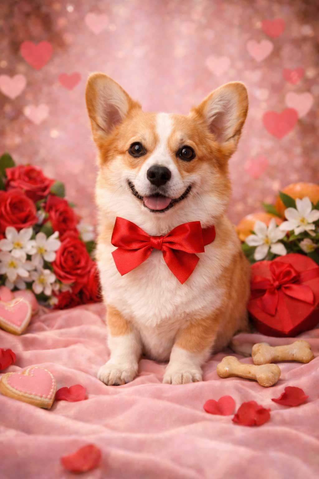 Corgi dog wearing a red bow tie with Valentine's Day decorations in the background.