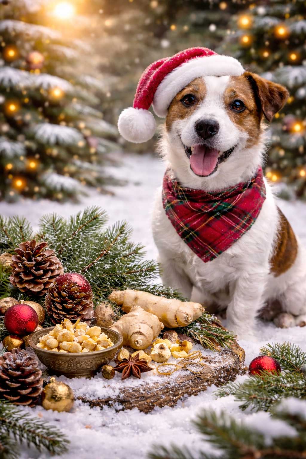 Dog wearing a Santa hat and plaid scarf in a festive setting with Christmas decorations.