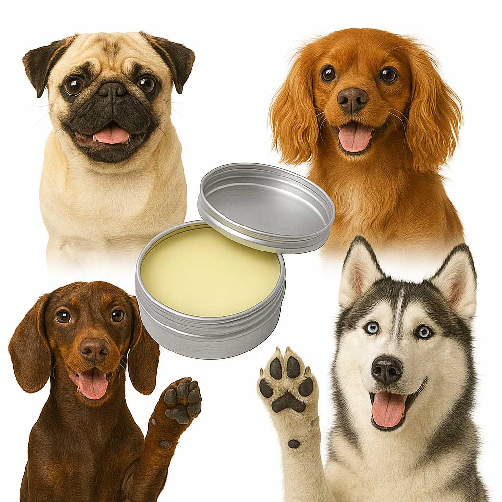 Four different breed of dogs with a tin of Scrappy to the Rescue balm