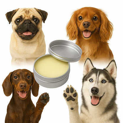 Four different breed of dogs with a tin of Scrappy to the Rescue balm