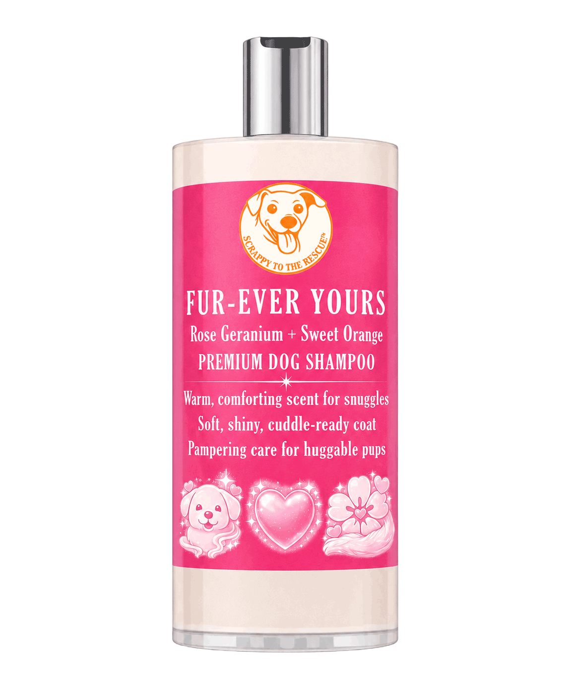Dog shampoo bottle with pink label on a white background