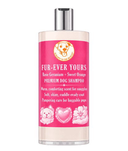 Dog shampoo bottle with pink label on a white background