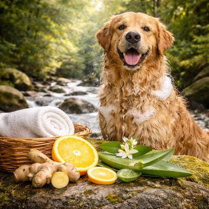Dog with soap suds sitting by a stream with oranges, ginger, and leaves on a rock.
