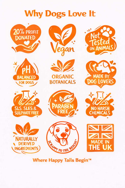 Happy Wanderer dog shampoo benefits infographic showing vegan formula, organic botanicals, pH balanced for dogs, paraben free, sulphate free, essential oils and cruelty free ingredients.