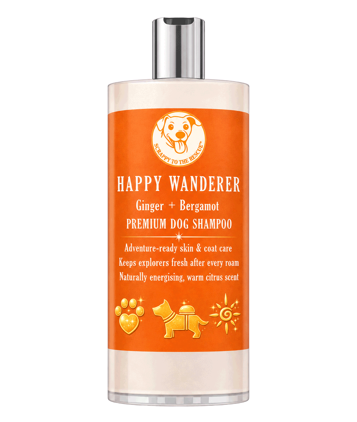 Happy Wanderer dog shampoo bottle with orange label on a white background