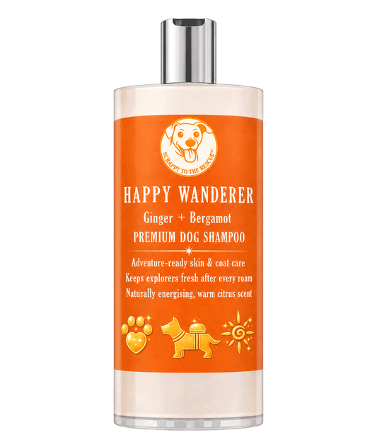 Happy Wanderer dog shampoo bottle with orange label on a white background