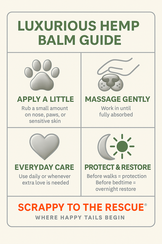 Luxurious Hemp Balm Guide with instructions and branding details on a white background