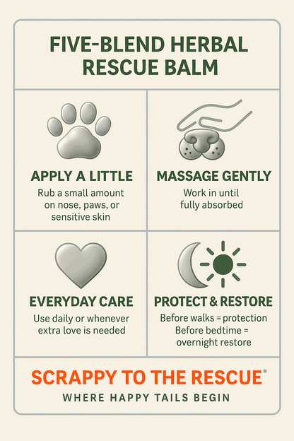 Instructions for using a five-blend herbal rescue balm on a white background with text and icons.
