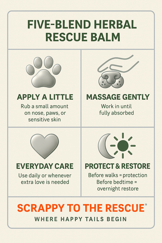 Instructions for using a five-blend herbal rescue balm on a white background with text and icons.
