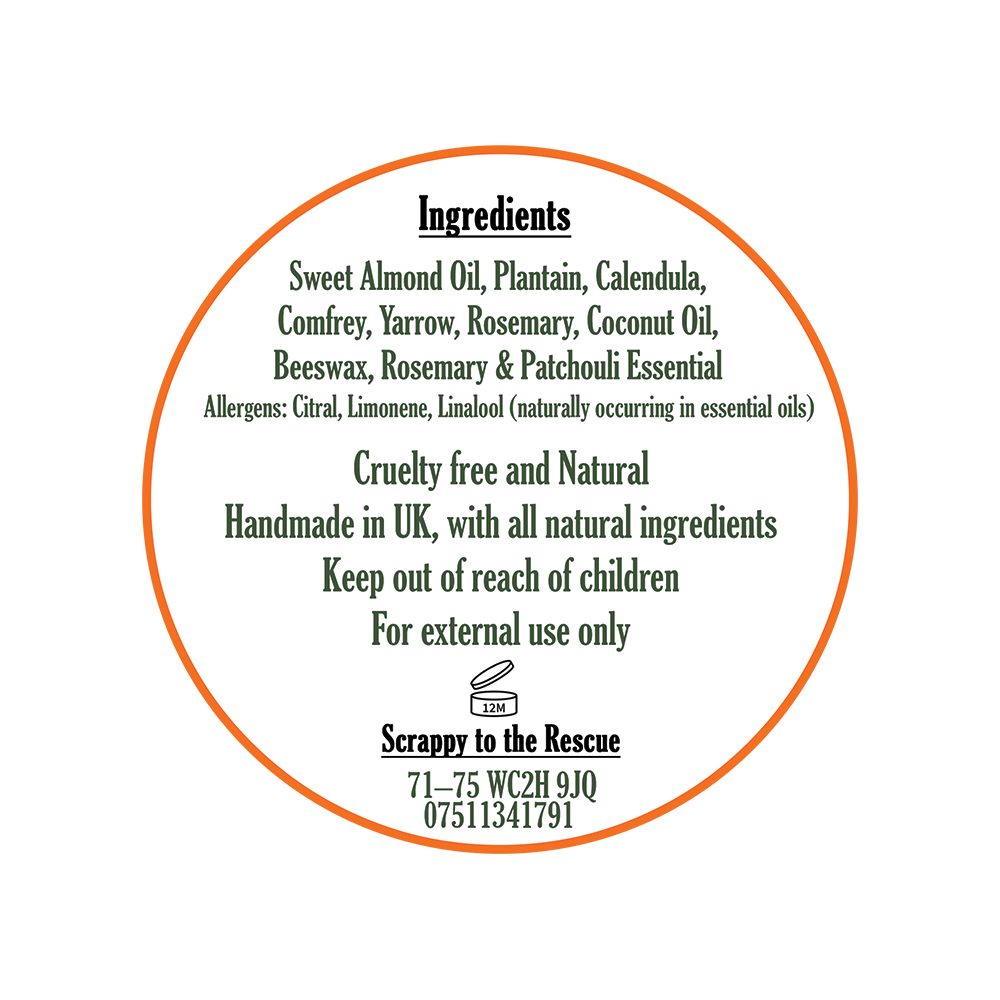 Round label with ingredients list and branding on a white background