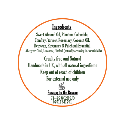 Round label with ingredients list and branding on a white background