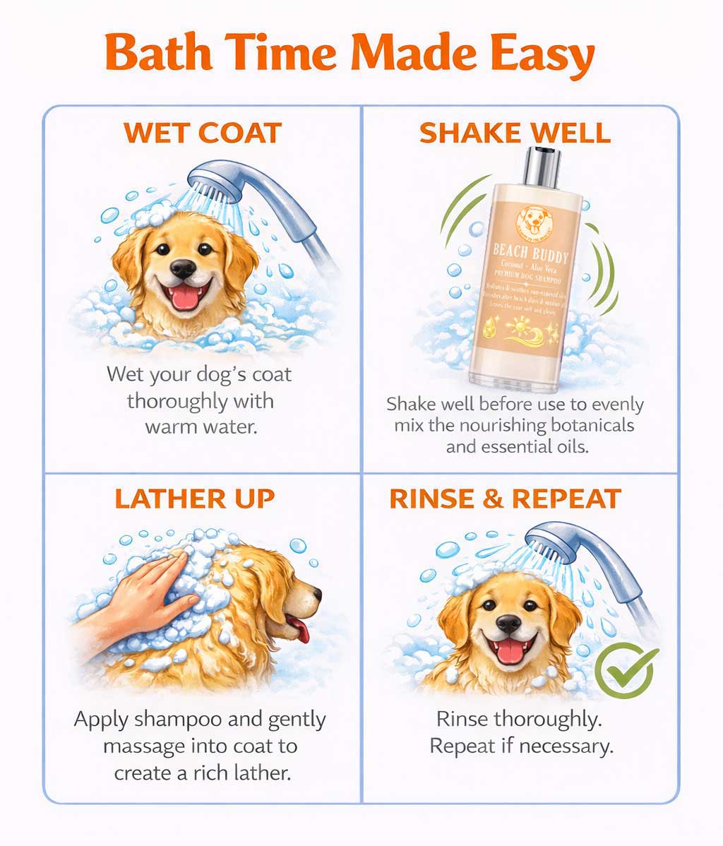 Instructions for using Scrappy to the Rescue Beach Buddy dog shampoo
