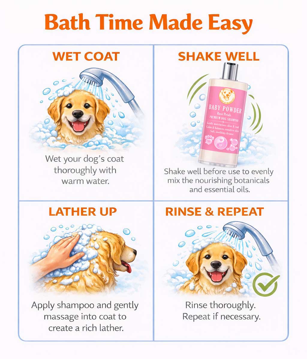 Instructions for using Scrappy to the Rescue Baby Powder dog shampoo
