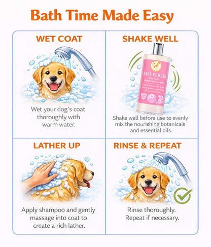 Instructions for using Scrappy to the Rescue Baby Powder dog shampoo