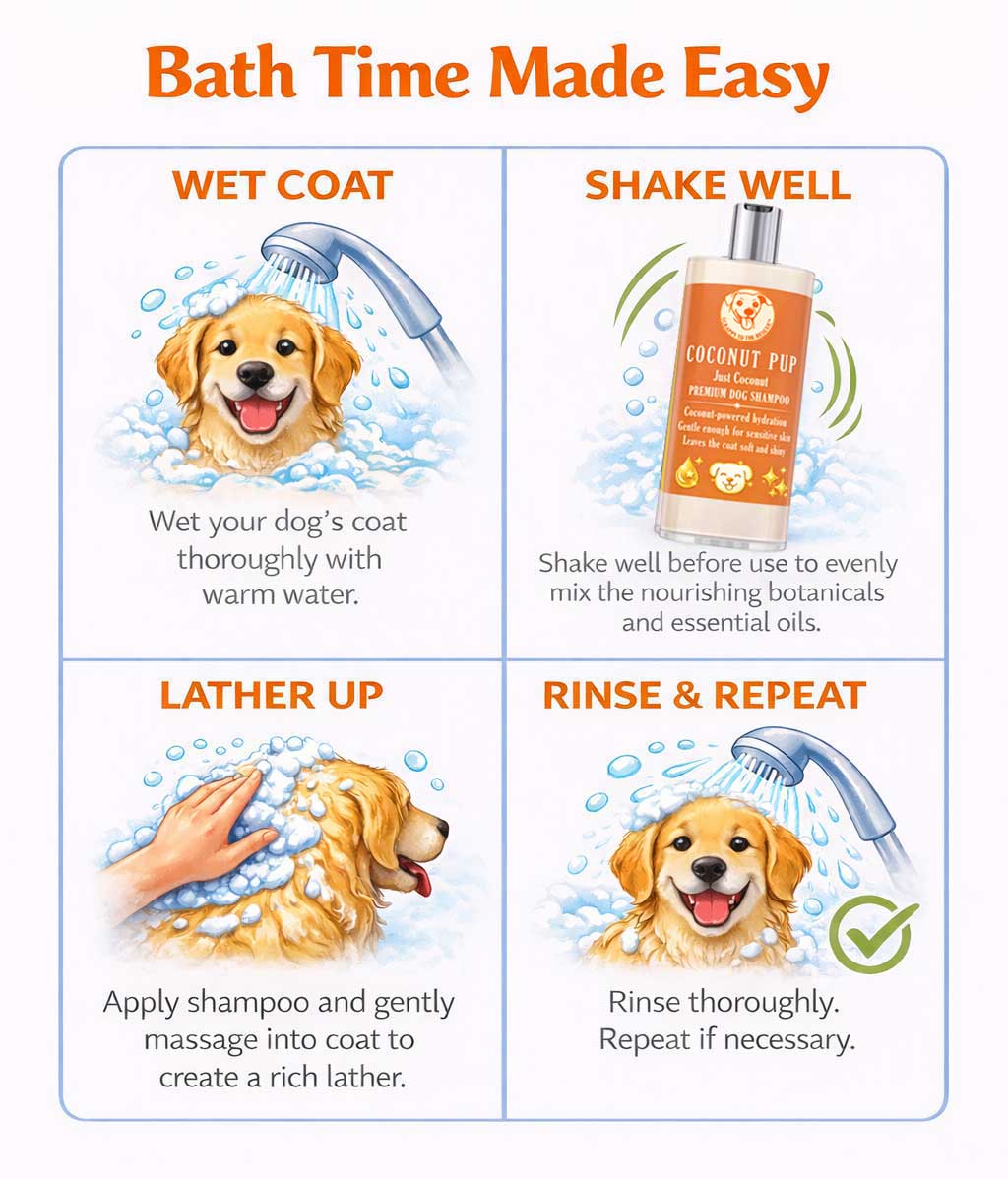 Instructions for using Scrappy to the Rescue Coconut Pup dog shampoo