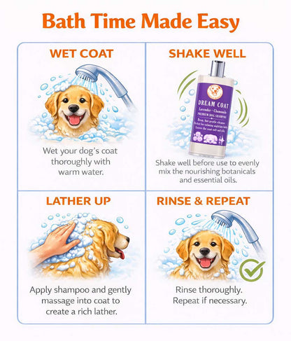 Instructions for using Scrappy to the Rescue Dream Coat dog shampoo
