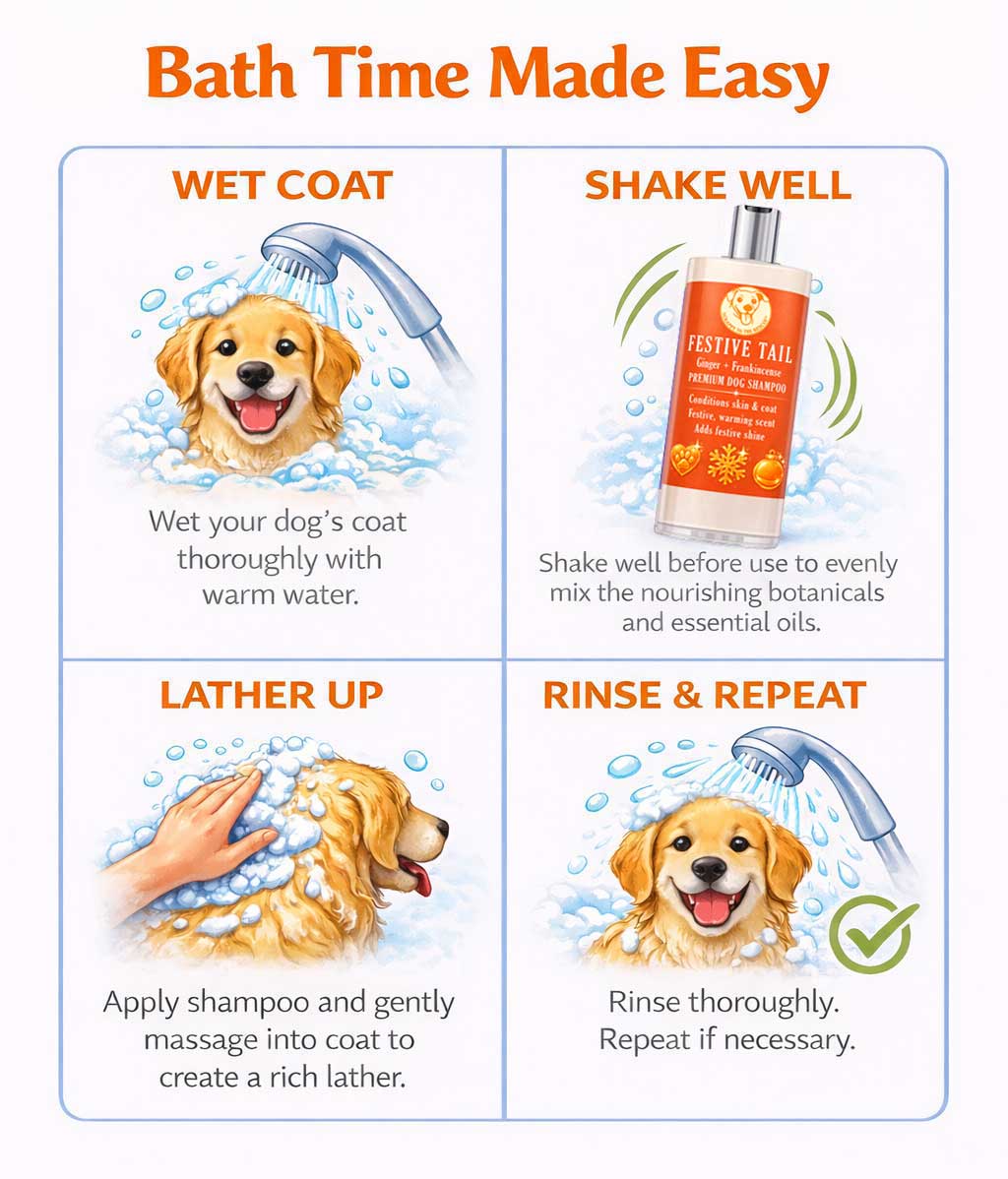 Instructions for using Scrappy to the Rescue Festive Tail dog shampoo
