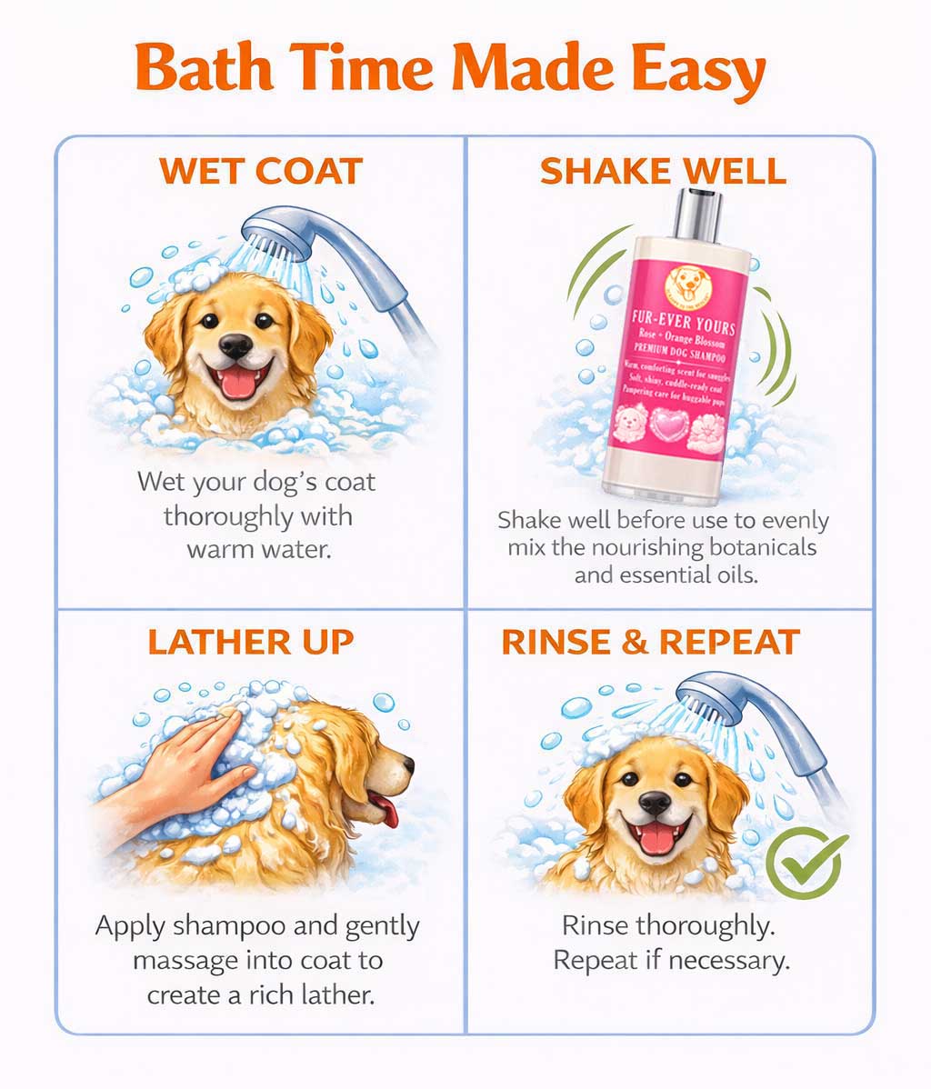 Instructions for using Scrappy to the Rescue Fur-Ever Yours dog shampoo