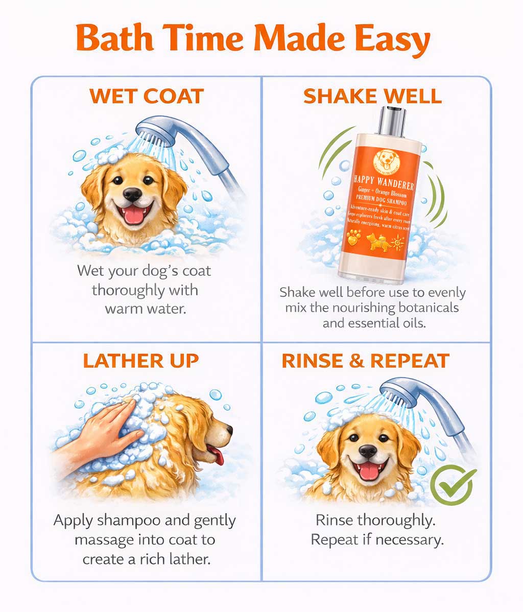 Instructions for using Scrappy to the Rescue Happy Wanderer dog shampoo