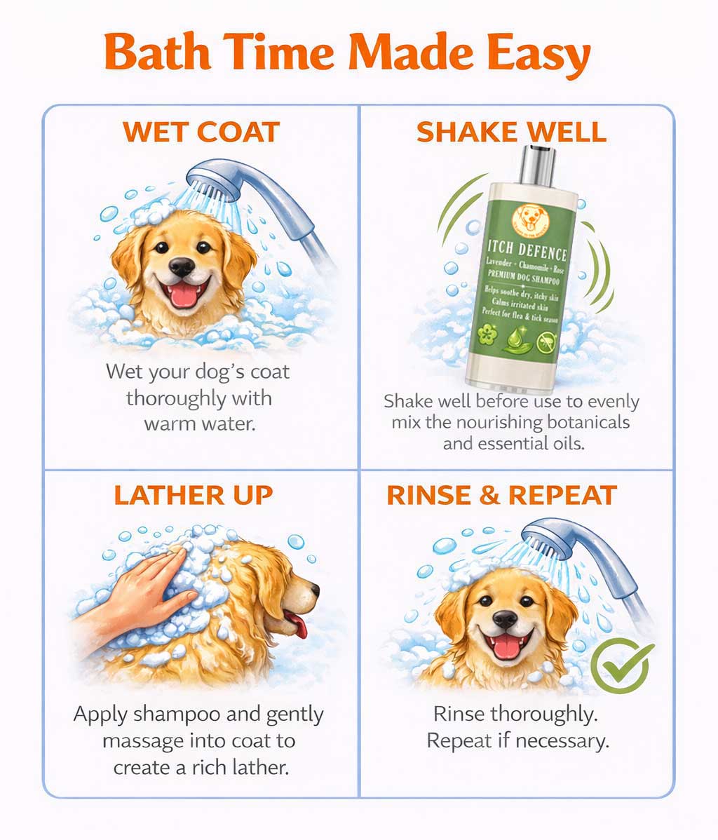 Instructions for using Scrappy to the Rescue Itch Defence dog shampoo