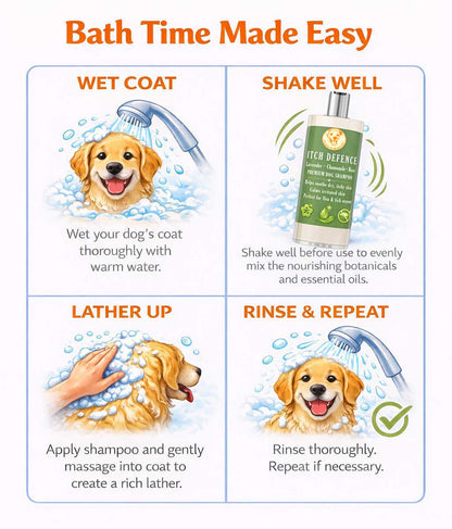 Instructions for using Scrappy to the Rescue Itch Defence dog shampoo
