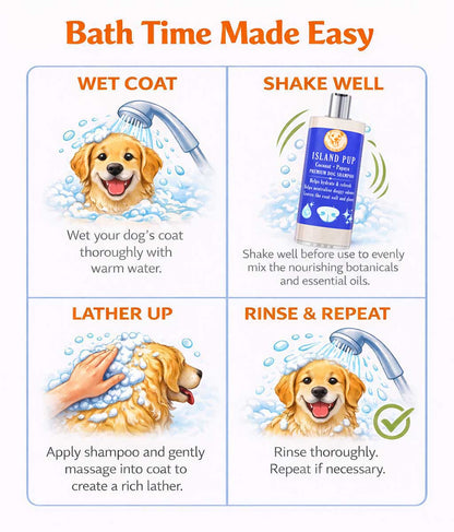Instructions for using Scrappy to the Rescue Island Pup dog shampoo