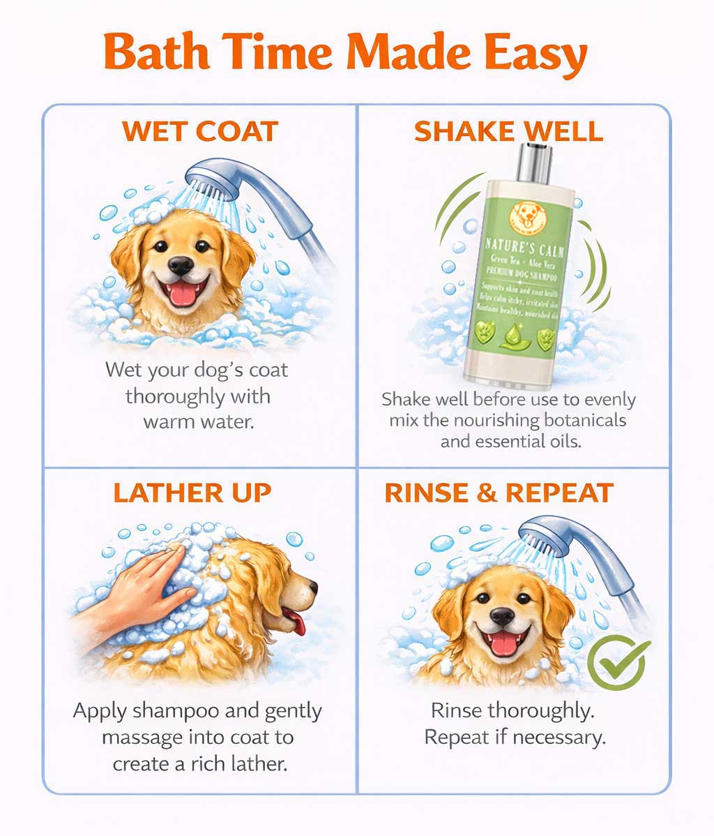 Instructions for using Scrappy to the Rescue Nature's Calm dog shampoo