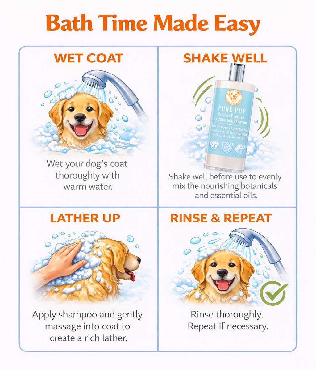 Instructions for using Scrappy to the Rescue Pure Pup dog shampoo