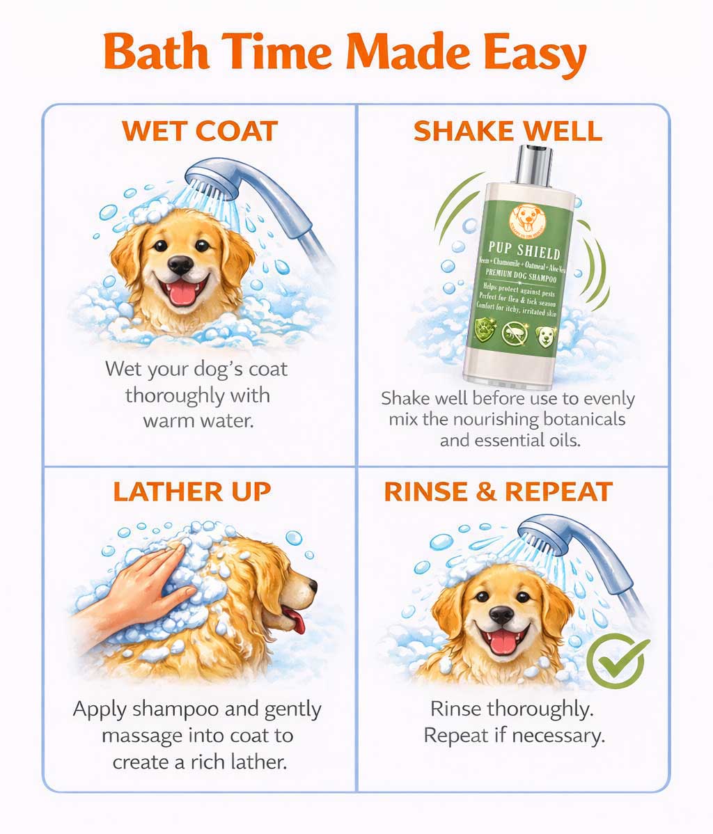 Instructions for using Scrappy to the Rescue Pup Shield dog shampoo