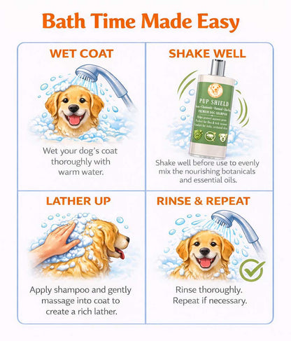 Instructions for using Scrappy to the Rescue Pup Shield dog shampoo