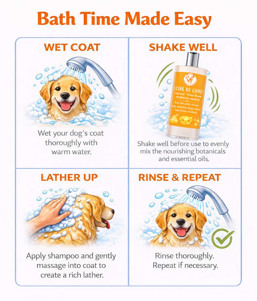 Instructions for using Scrappy to the Rescue Stink Be Gone! dog shampoo