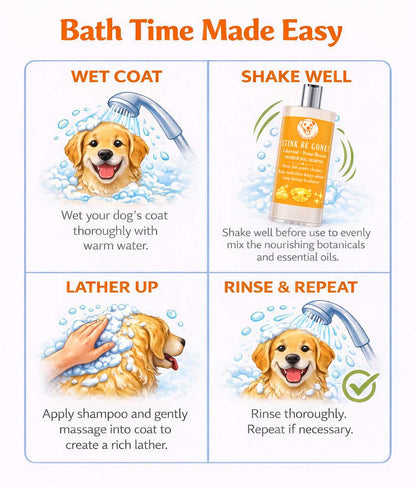 Instructions for using Scrappy to the Rescue Stink Be Gone! dog shampoo